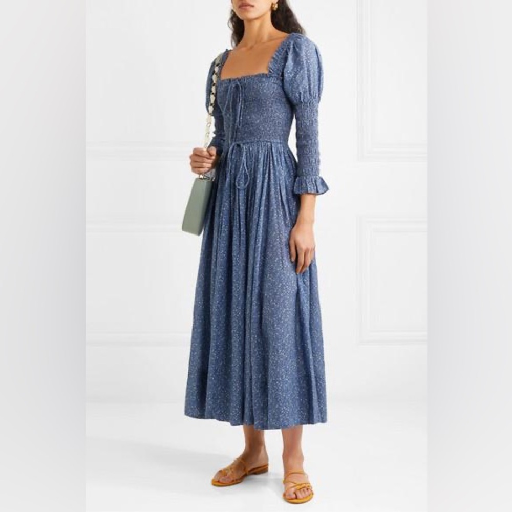 DÔEN Bijou smocked floral-print cotton-blend dress, Blue, Large